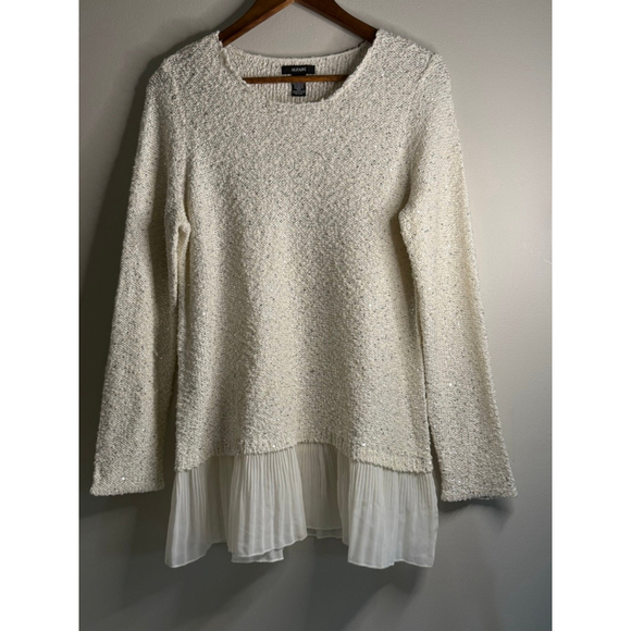 Alfani Sequin Knit Sweater Tunic w/ Chiffon Hem White Medium - Picture 4 of 5